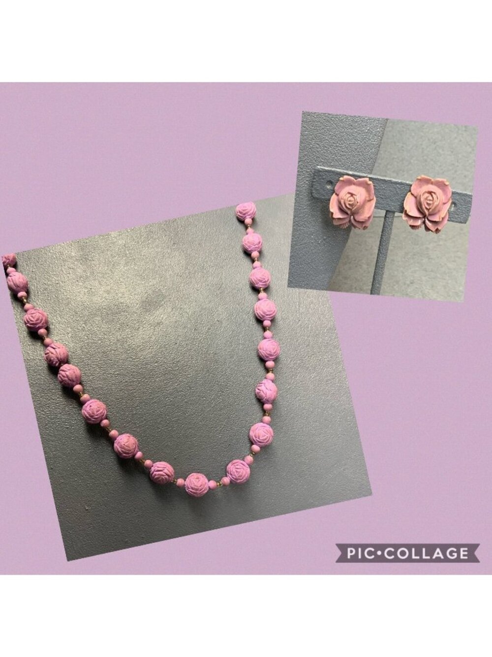 Flower Necklace Earrings Set 28 In As Is Mauve Purple Sculpted Beads Vintage 50s